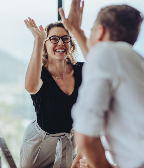 Mitarbeitermotivation, Mitarbeiterbefähigung, Mitarbeitermotivation Businesswoman giving a high five to a colleague in meeting
